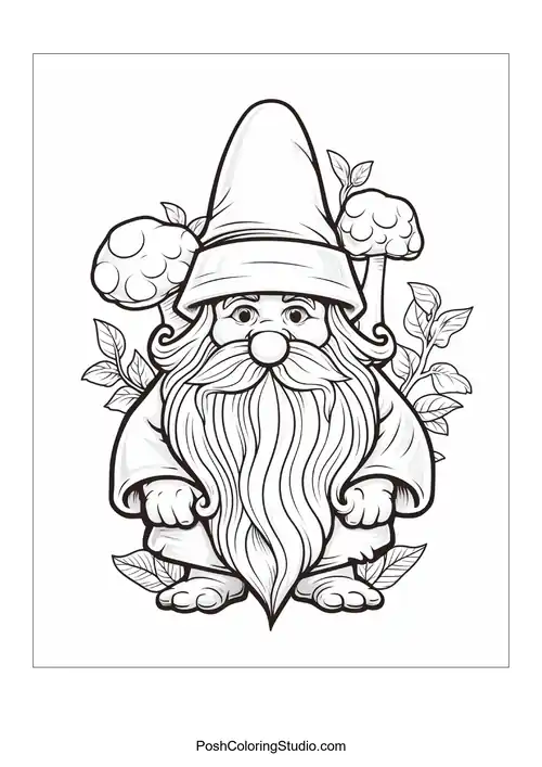 A gnome stands with a shovel in a flower-filled garden.