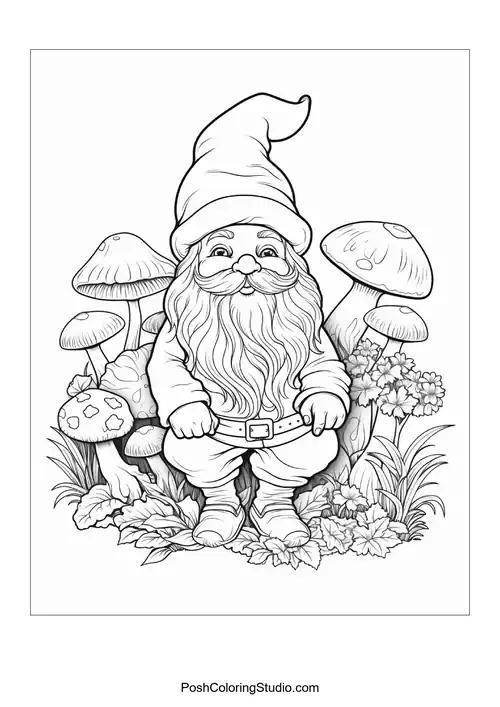 A gnome sits between mushrooms and flowers, smiling gently.