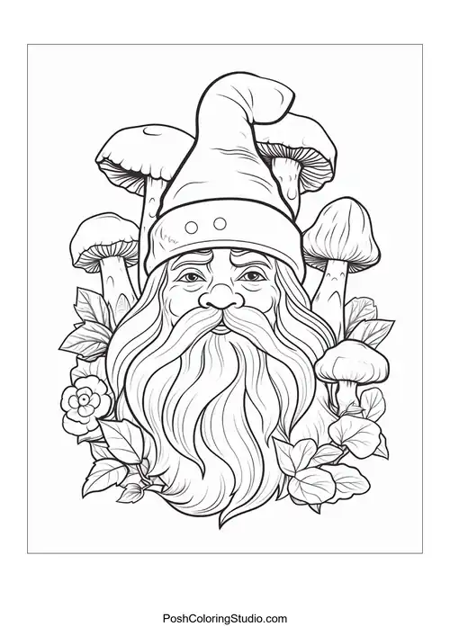 A gnome sits comfortably among flowers and mushrooms.