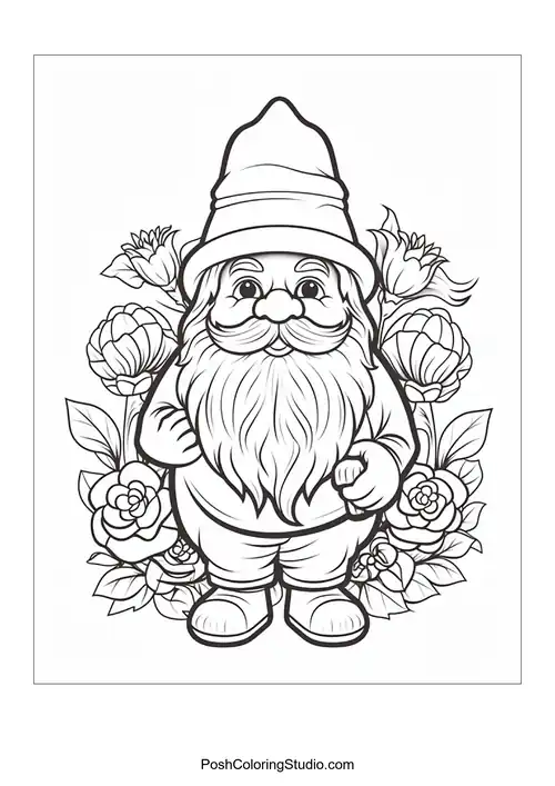 A gnome stands proudly with a shovel in a flower garden.