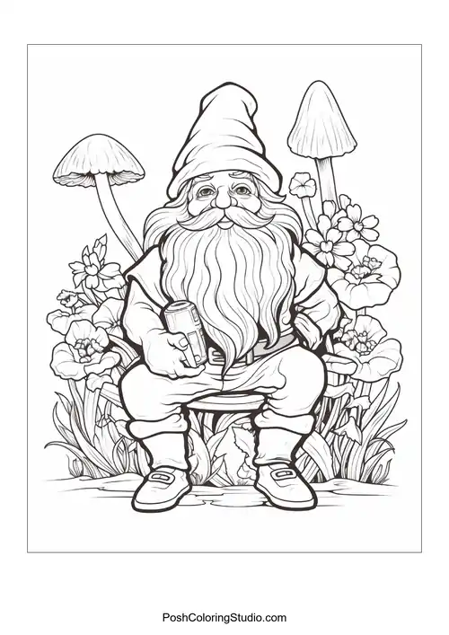 A gnome holds a flower while surrounded by various plants.