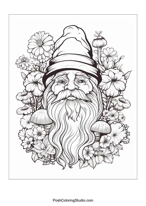 A gnome stands with a watering can surrounded by flowers.