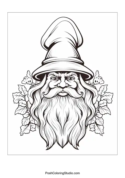 A gnome sits among flowers with a playful expression.