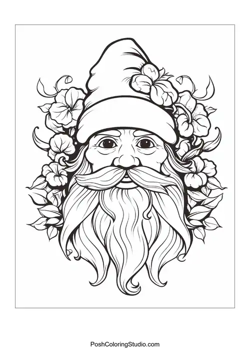 A gnome stands with a watering can surrounded by flowers.