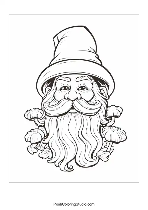 A gnome stands proudly with a shovel in a flower garden.