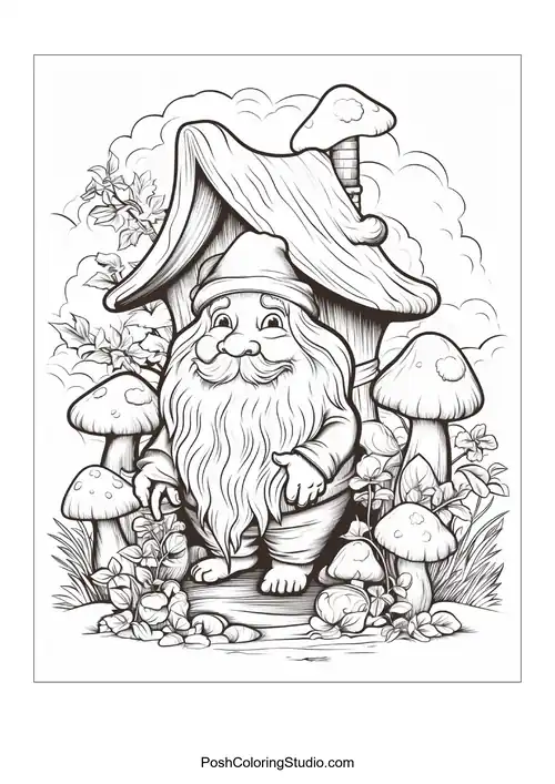 A gnome emerges from a small house surrounded by mushrooms.