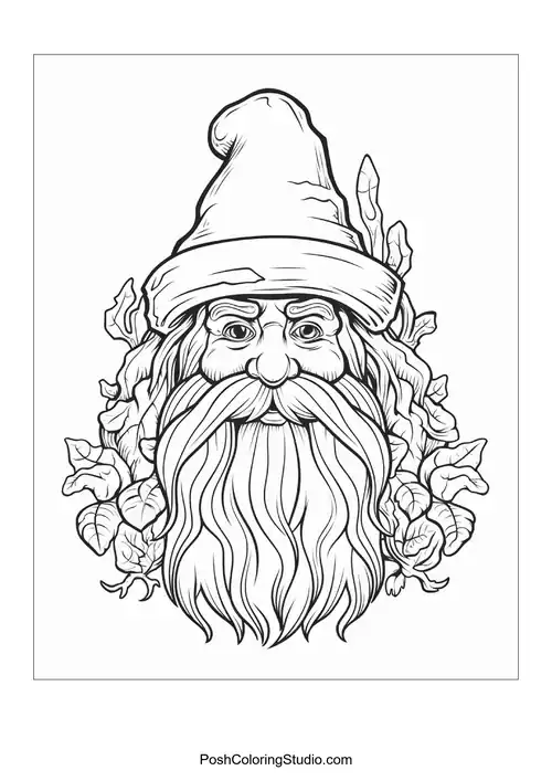 A gnome sits comfortably among flowers and mushrooms.