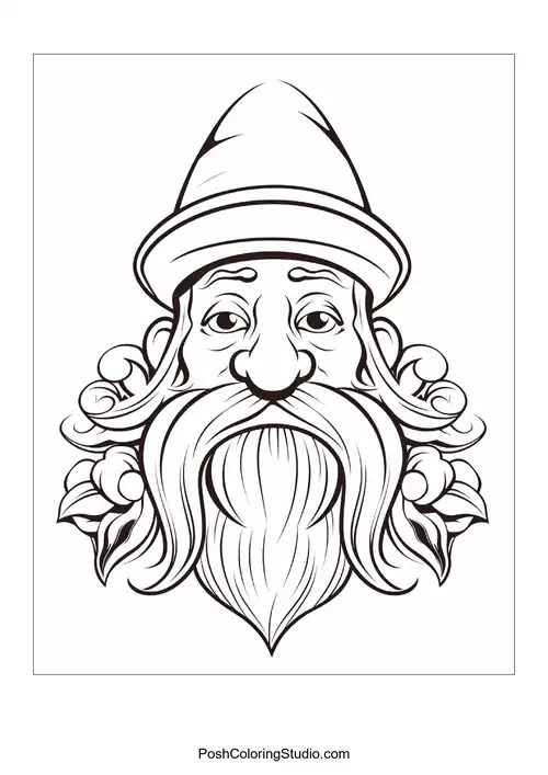 A gnome holds a flower while surrounded by various plants.