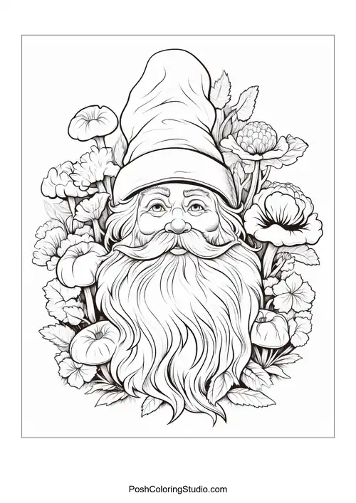 A gnome sits comfortably among flowers and mushrooms.