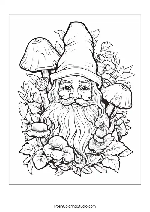 A gnome stands with a watering can surrounded by flowers.