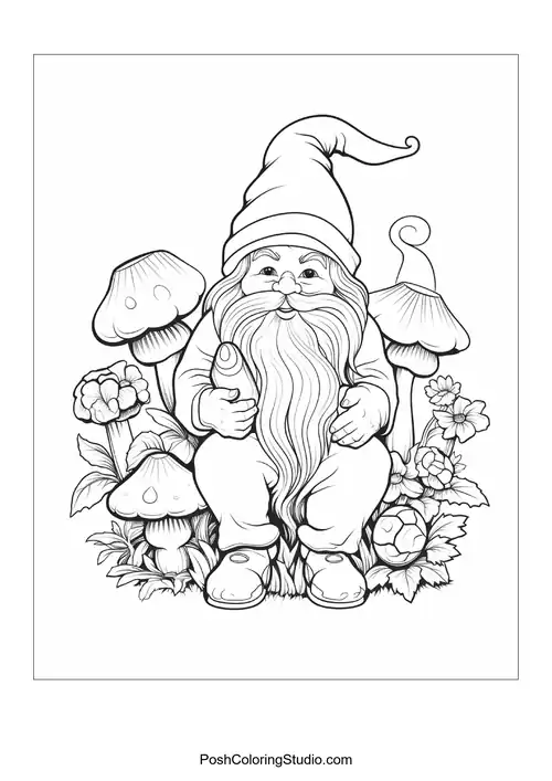 A gnome holds a tool while sitting among mushrooms and flowers.