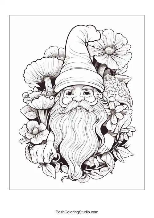 A gnome sits comfortably among flowers and mushrooms.