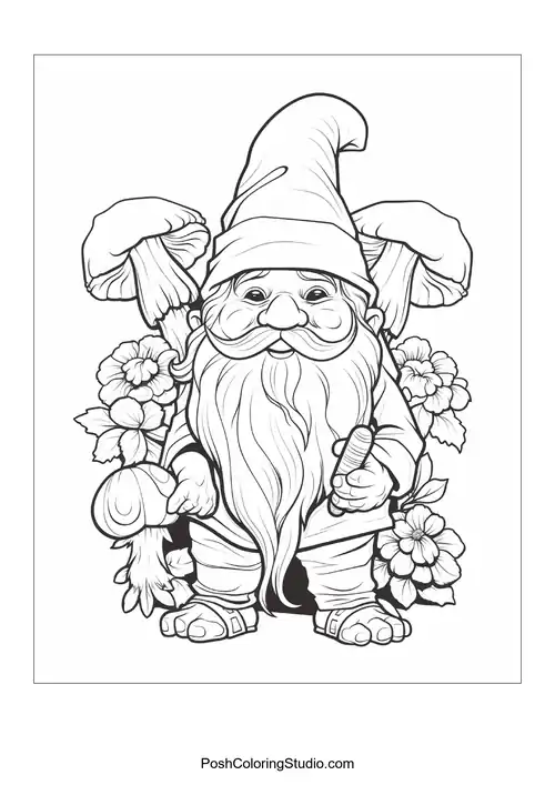 A gnome sits comfortably among flowers and mushrooms.