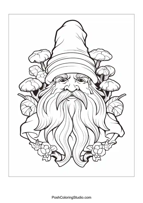 A gnome stands proudly with a shovel in a flower garden.