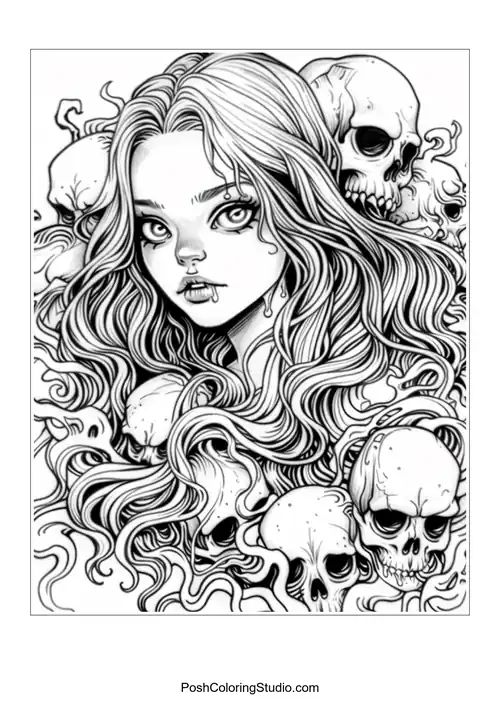 A woman with flowing hair surrounded by skulls and intricate patterns.