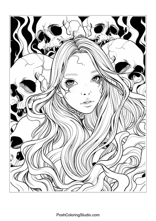 A woman with long hair and skulls, featuring dramatic line work.