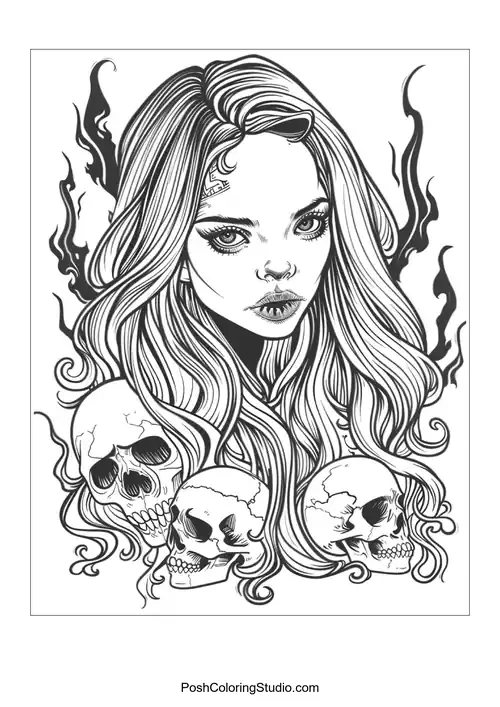 A woman with long hair and skulls, surrounded by flames.