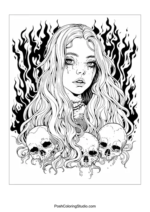 A woman with long hair and skulls, showcasing dramatic line work.