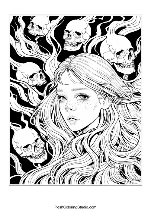 A woman with flowing hair and skulls, surrounded by intricate details.