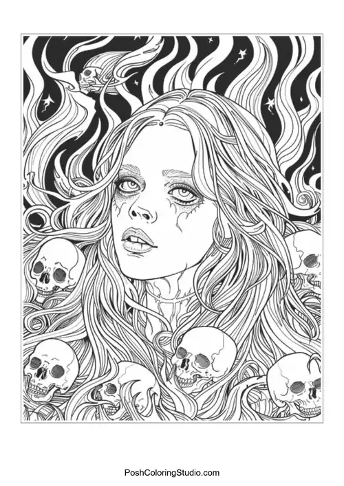 A woman with flowing hair and skulls, showcasing intricate patterns.