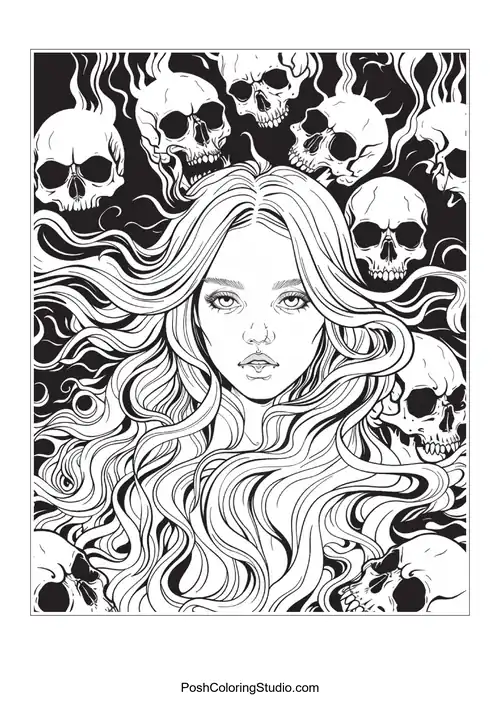 A woman with long hair and skulls, surrounded by flames.