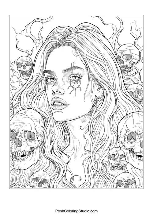A woman with flowing hair and skulls, featuring intricate details.