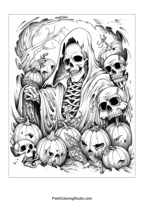A reaper figure stands among pumpkins in a spooky setting.