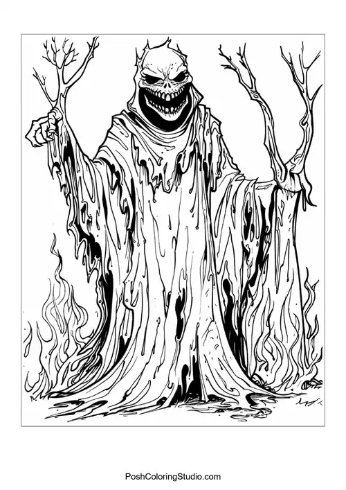 A woman with long hair and skulls, surrounded by flames.