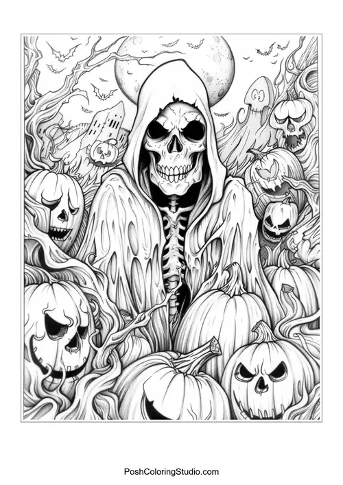 A woman with long hair and skulls, showcasing dramatic line work.