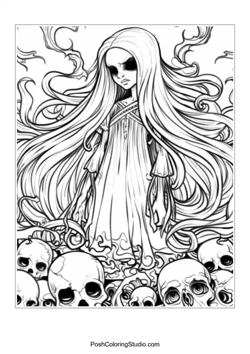 A woman with flowing hair and skulls, featuring intricate details.