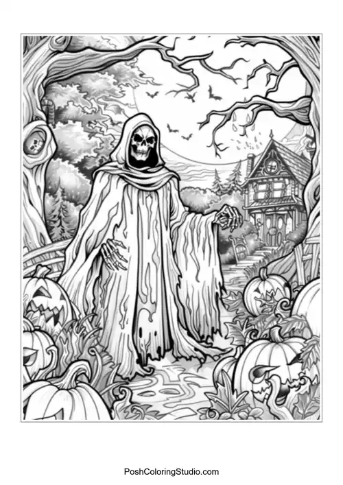 A reaper figure surrounded by pumpkins and skulls in a spooky scene.