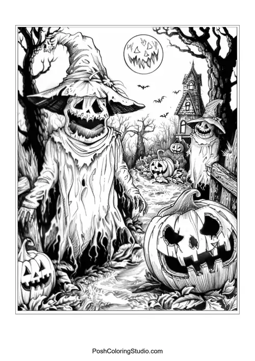 A reaper figure with a sinister smile among pumpkins and skulls.