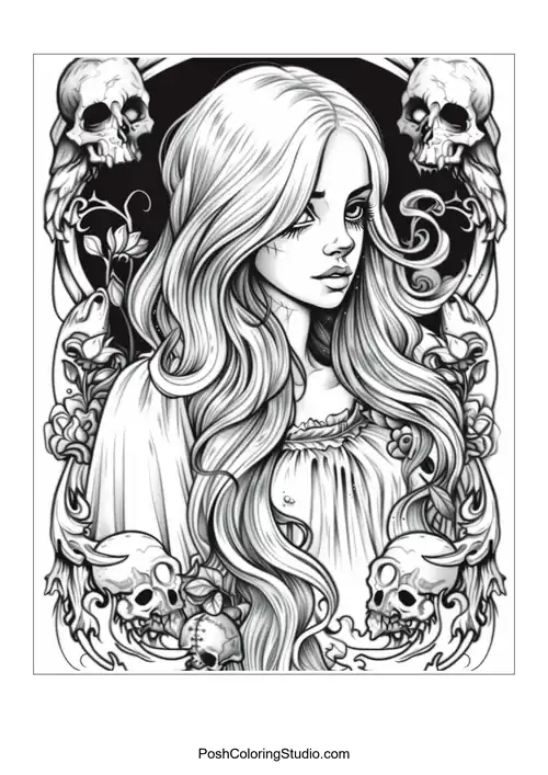 A woman with flowing hair and skulls, surrounded by intricate patterns.
