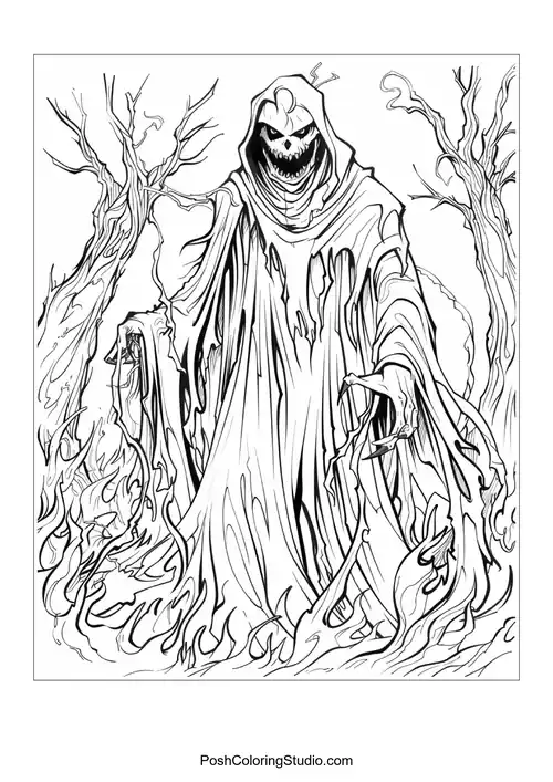 A cloaked figure with a sinister grin stands among twisted trees.