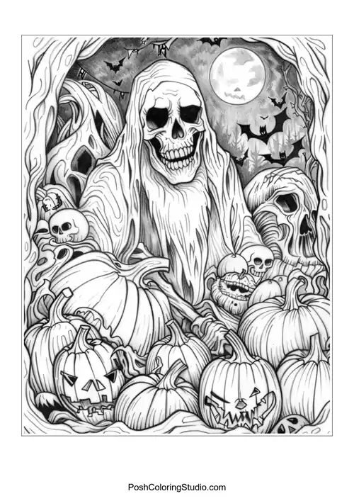 A reaper figure with a sinister smile among pumpkins and skulls.