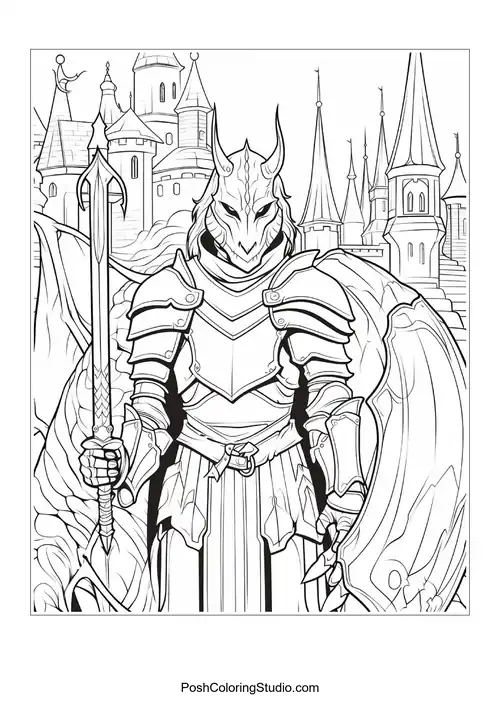 A knight stands with a dragon in a medieval landscape.
