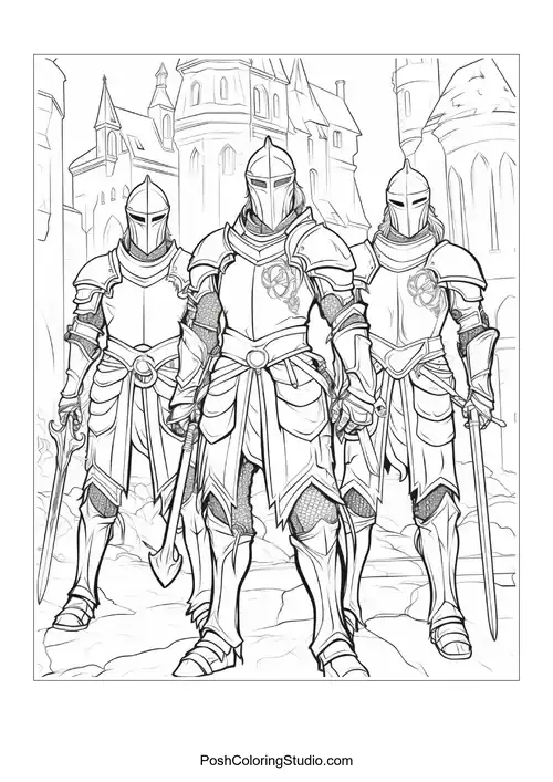 A knight in armor stands with a dragon in a castle.
