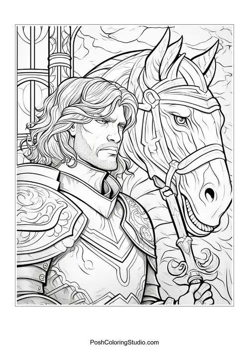 A knight rides a horse in a medieval landscape.