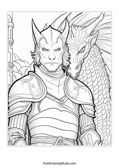 A knight poses with a dragon in a castle backdrop.