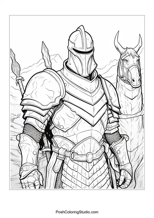 A knight stands with a sword and a dragon companion.