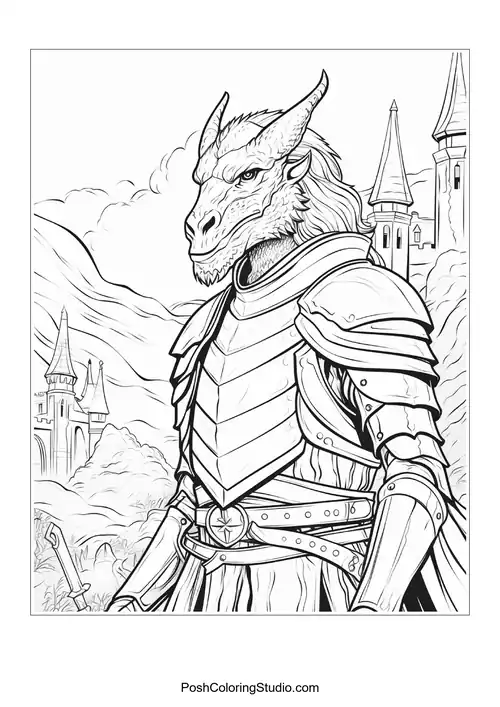 A knight poses with a dragon in a medieval landscape.