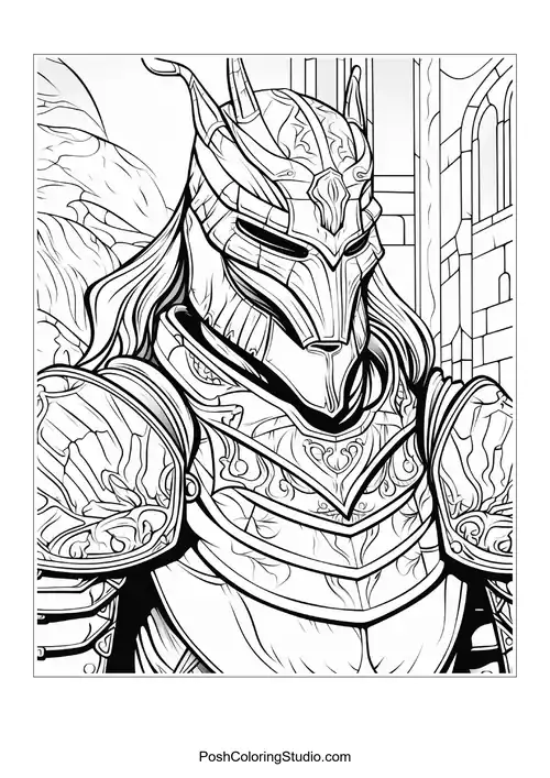 A knight poses with a dragon in a castle backdrop.