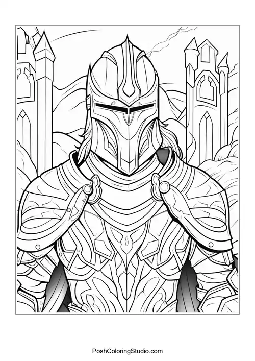 A knight stands with a sword in a castle setting.