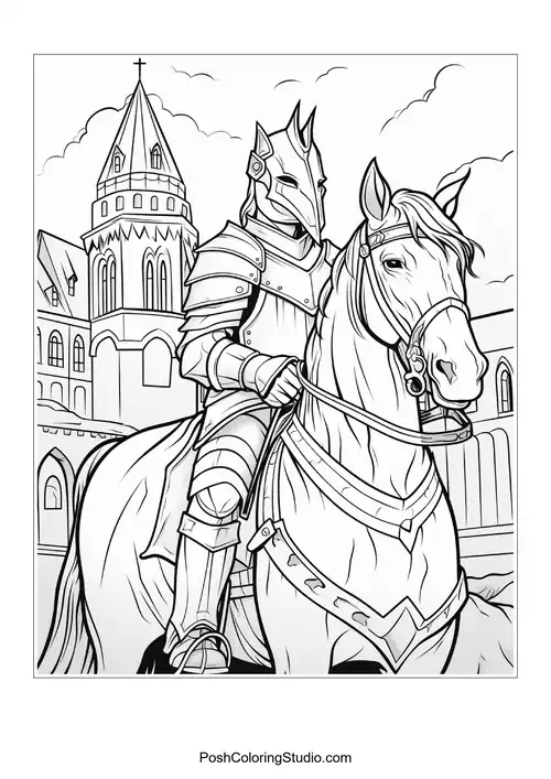 A knight rides a horse in a medieval landscape.