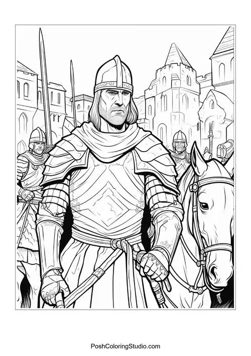 A knight stands with a sword in a medieval setting.