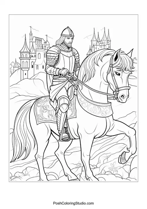A knight on horseback in front of a castle.