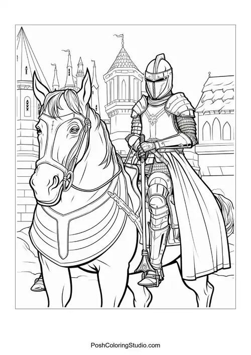 A knight rides a horse in a medieval setting.