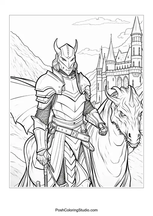 A knight stands beside a dragon in a mountainous landscape.