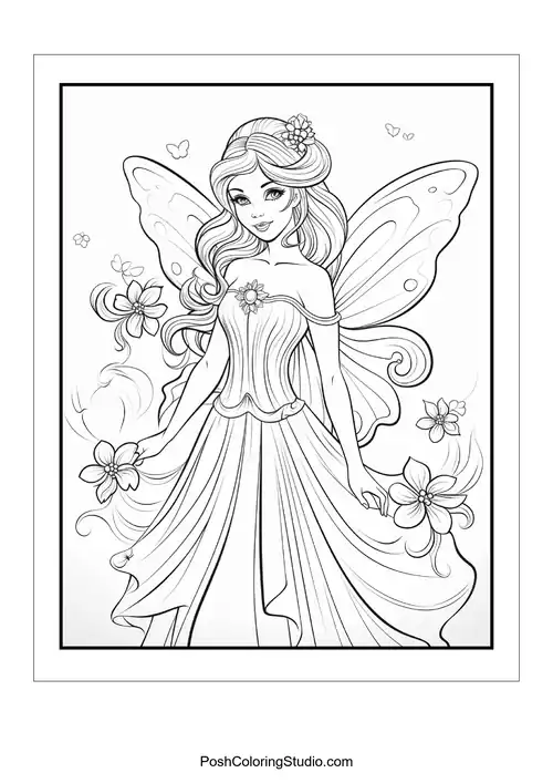 A fairy with a crown and elegant gown.