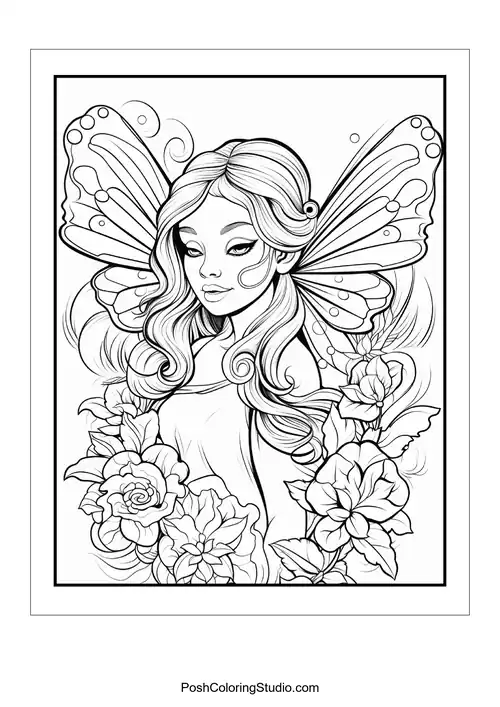 A fairy with a flowing dress and floral details.